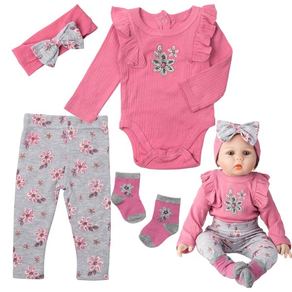 Reborn Baby Girl Dolls Clothes 22 inch Pink Outfits Accesories 4pcs Set for 20-22 inch Newborn Reborns Doll