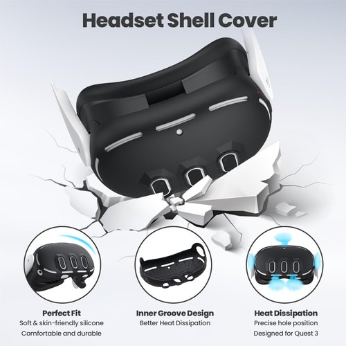 Silicone Cover Compatible with Meta/Oculus Quest 3 Accessories, VR Silicone Face Cover, VR Shell Cover,Touch Controller Grip Case,Camera Lens Protector Set (Black)