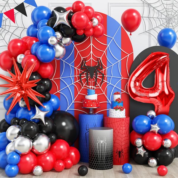 4th Spiderman Birthday Balloons Decorations, Spiderman Balloon Arch Kit with Royal Blue Black Red Silver Balloons, 40 Inch Red Number 4 Balloon Tower, Star Foil Balloons for Boys Superhero Theme Party