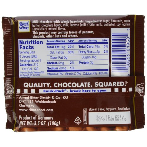 Ritter Sport, Milk Chocolate Hazelnut Square Bar, 3.5 oz