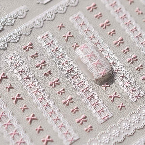 1pcs Bow Nail Stickers - Diowino Retro Relief Pink Bowknot Nail Decals French Style Self-Adhesive Lace Bow Knot Nail Art Stickers Cute Nail Accessories for Women Girls Nail DIY