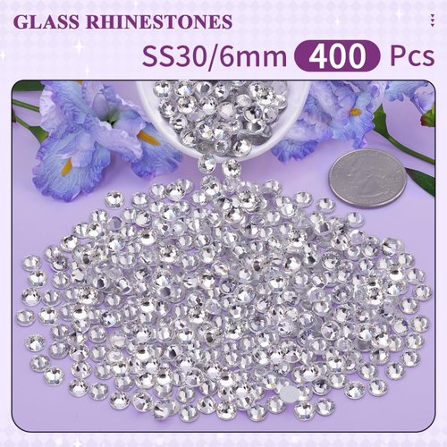 400PCS SS30/6mm Crystal Rhinestones (Clear), Bedazzling Flatback Glass Rhinestones for Crafting DIY Nail Art Makeup Decoration, Gems Diomand Charms for Tumbler Shoes Clothing Mug