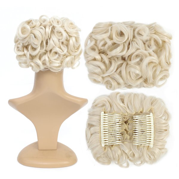 SWACC Short Messy Curly Dish Hair Bun Extension Easy Stretch hair Combs Clip in Ponytail Extension Scrunchie Chignon Tray Ponytail Hairpieces (Platinum Blonde-60#)