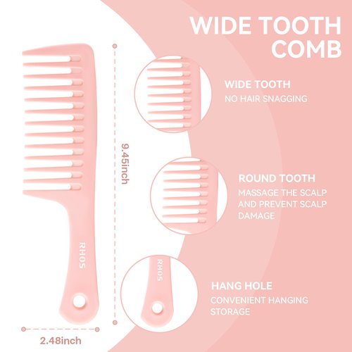 RHOS 3 Pieces Hair Comb Set for Women,Men-Wide Tooth Comb,Fine Tooth Rat Tail Comb,Medium Tooth Comb-Detangling Hair Combs for All Hair Types,Hair Styling Comb Set(Pink)