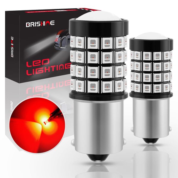 BRISHINE 1156 1073 1141 7506 BA15S LED Flashing Strobe Blinking Brake Light Bulbs, Super Bright 52-SMD Chipsets LED Bulbs with Projector for Tail Stop Lights, Brilliant Pure Red(Pack of 2)