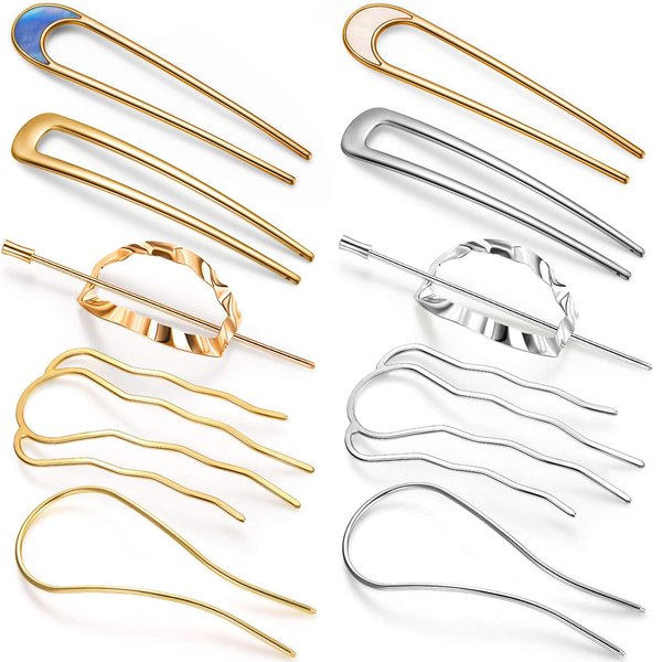 10 Pieces Metal U-Shape Oval Side Comb Hairpin Hair Fork Clip Stick Hair Bun Updo Hair Sticks Gold Silver Chignon Pin Grips for Women Hair Styling Tool Accessories