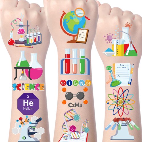 Yoyuspy Science Temporary Tattoos Stickers - 200+ Science Temporary Tattoo Kids Party Decorations Favors Mad Scientist Laboratory Birthday Party Decoration Educational Science Tattoo Party Supplies