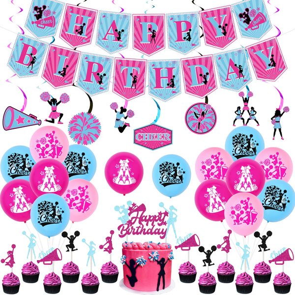 Cheerleading Birthday Party Decorations for Girls Hot Pink Blue - Happy Birthday Banner Cake Topper, Cheerleader Hanging Swirls Balloons for Cheer Gymnastics Birthday We’ve Got Spirit Party Supplies