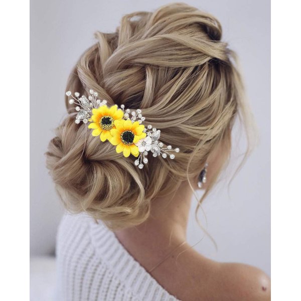 Jeairts Sunflower Bride Wedding Hair Comb Crystal Pearl Bridal Hair Pieces Leaf Side Combs Hair Dress Decorative Hair Accessories for Women and Girls (1-Silver)