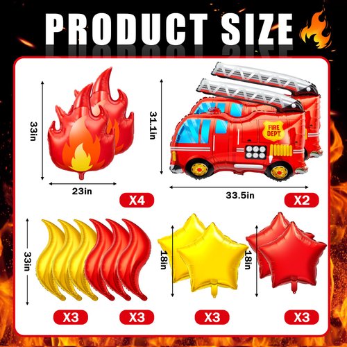 Glimin 18 Pcs Fire Truck Balloons Set 4 Aluminum Foil Flame Balloon, 2 Fire Truck Firefighter Balloon, 6 Fire Balloons, 6 Star Balloons for Rescue Themed Decoration Firefighter Birthday Party Supplies