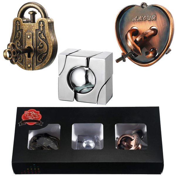 Sumind 3 Pieces Brain Teaser Metal Puzzle Unlock Interlocking Puzzle Games for Adults Teens Educational Toy, Christmas Birthday Gifts