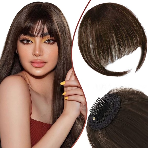 Caliee Clip in Bangs 100% Human Hair Extensions Medium Brown Bangs Hair Clip Wispy Bangs Hair Clip Natural Hair Air Bangs Clip on Human Hair Curved Bangs for Daily Wear