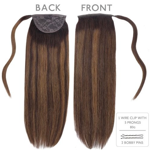 WENNALIFE Ponytail Hair Extension, 16 Inch 80g Dark Brown Mixed Chestnut Brown Ponytail Extension Human Hair Clip in Wrap Around Remy Human Hair Extension Hairpieces