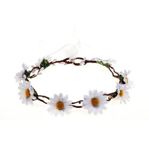 DreamLily Wedding Festivals Floral Hair Band Adjustable Ribbon Daisy Flower Headband Crown BC38 (White)