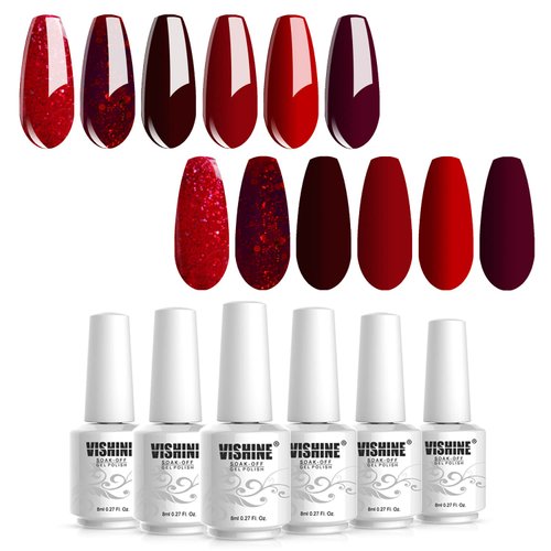 Vishine Burgandy Red and Red Glitter Gel Polish Set 6 Colors Long Lasting, Soak Off UV LED Gel 8ml Bottle