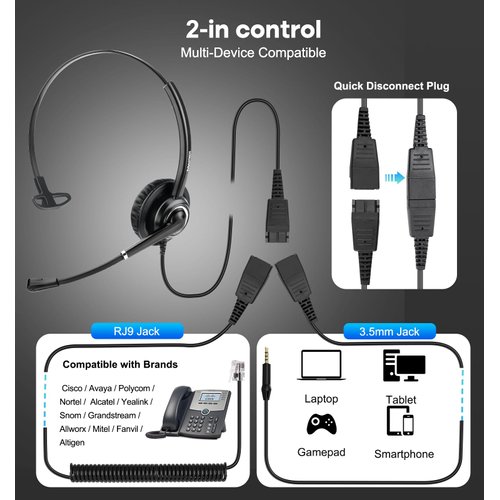 MAIRDI Telephone Headset with RJ9 Jack & 3.5mm Connector for Landline Deskphone Cell Phone PC Laptop, Office Headset with Microphone for Call Center, Work for Cisco Phone 7941 7965 6941 7861 8811