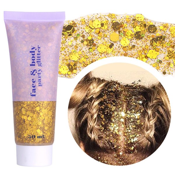 Paminify Gold Face Glitter Gel,Singer Concerts Music Festival Rave Accessories,Halloween Body Glitter Hair Sequins Face Glitter Paint Makeup,Mardi Gras Sparkling Chunky Glitter for Women,50ML
