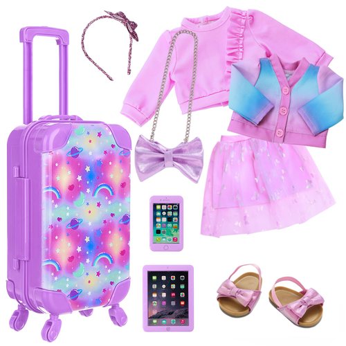 18 Inch Girl Doll Accessories Suitcase Travel Luggage Set with Carrier Storage,Clothes, Skirt,Shoes,Cross-Body Bag,Hair Hoop,Cellphone,Panel Computer(No Doll)