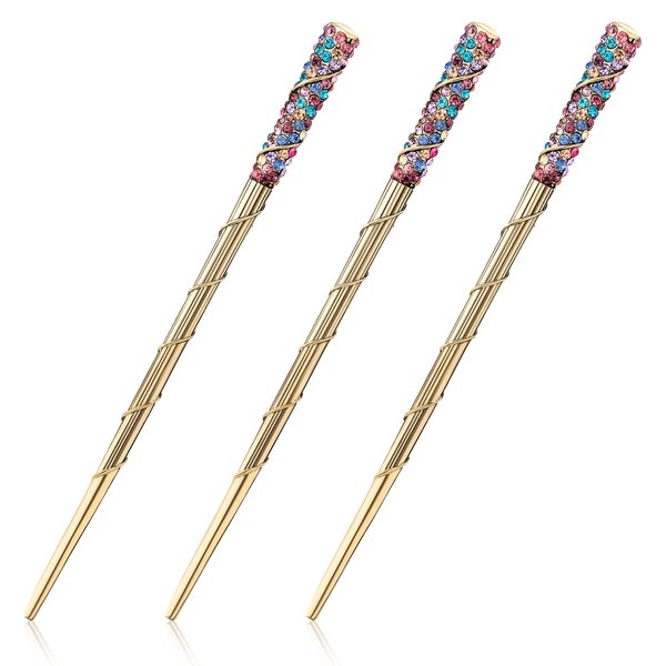 PAGOW 3pcs Rhinestone Crystal Hair Sticks, Traditional Chinese Hairpin, 7 Colors Rhinestone Crystal Antique Chopsticks Hairpin for Long Hair, Wedding Hair Accessory Jewelry (Colorful)