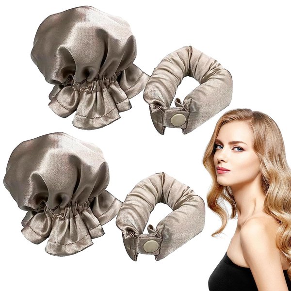 4PCS Satin Heatless Curlers, Overnight Hair Curling Rods with Headband, No Heat Styling Tools for Long Hair (Khaki)