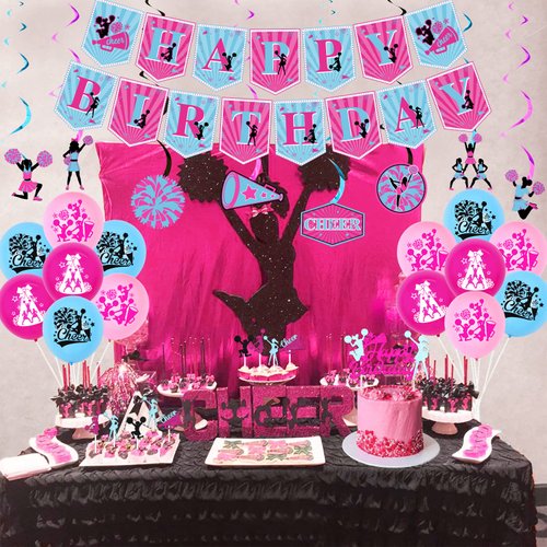 Cheerleading Birthday Party Decorations for Girls Hot Pink Blue - Happy Birthday Banner Cake Topper, Cheerleader Hanging Swirls Balloons for Cheer Gymnastics Birthday We’ve Got Spirit Party Supplies