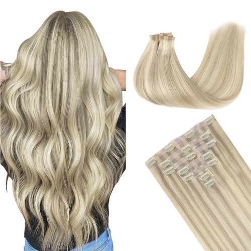 GOO GOO Clip in Hair Extensions Real Human Hair, 14inch 151g 7Pcs, 17A/60A Ash Blonde Highlighted Platinum Blonde, Remy Human Hair Extensions Clip ins for Women, Natural Human Hair