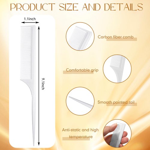 Leinuosen 3 Pack Tail Comb Carbon Fiber Rat Tail Styling Comb Heat Resistant Anti Static Teasing Comb for Back Combing Root Teasing Adding Volume Evening Styling (White)