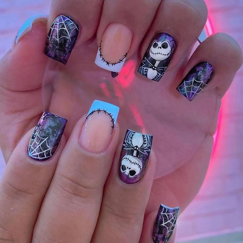 Halloween Press on Nails Medium Square SWEKKE French Fake Nails White Spider Web Full Cover Nightmare Before Christmas Nails Glossy False Nails Artificial Acrylic Nails for Women Girls 24 Pcs