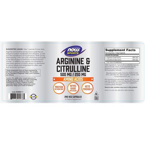 NOW Sports Nutrition, Arginine & Citrulline 500 mg/ 250 mg, Amino Acids, 240 Veg Capsules