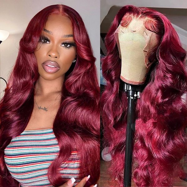 SOSATISFY Body Wave 99J Burgundy Lace Front Wigs Human Hair 200% Density 13x4 Glueless HD Transparent Wine Red Wigs for Women Human Hair Pre Plucked with Baby Hair (20 inch)