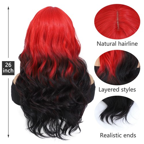 JulyQueen Ombre Red Wigs with Bangs Long Wavy Ombre Wigs for Women 26inch Synthetic Wig with Bangs Layered Wigs for Women Ombre Synthetic Wigs for Daily Party Use (Red)
