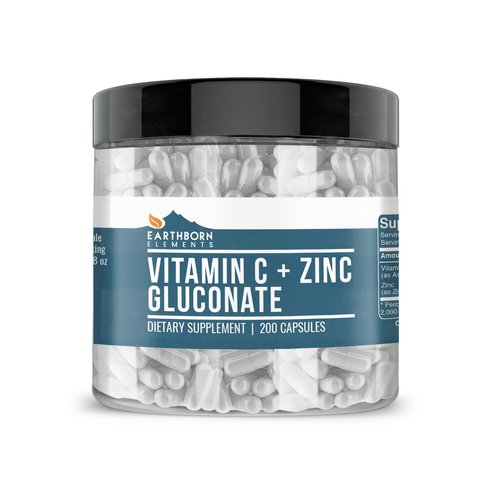 Earthborn Elements Vitamin C Plus Zinc Gluconate Supplement, (200 Capsules) Blended Health Support, Non-GMO, Gluten Free,