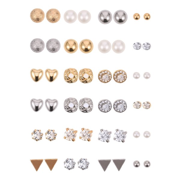 24 Pairs Stud Earrings Crystal Pearl Earring Set Ear Stud Jewelry for Girls Women Men, Silver and Gold