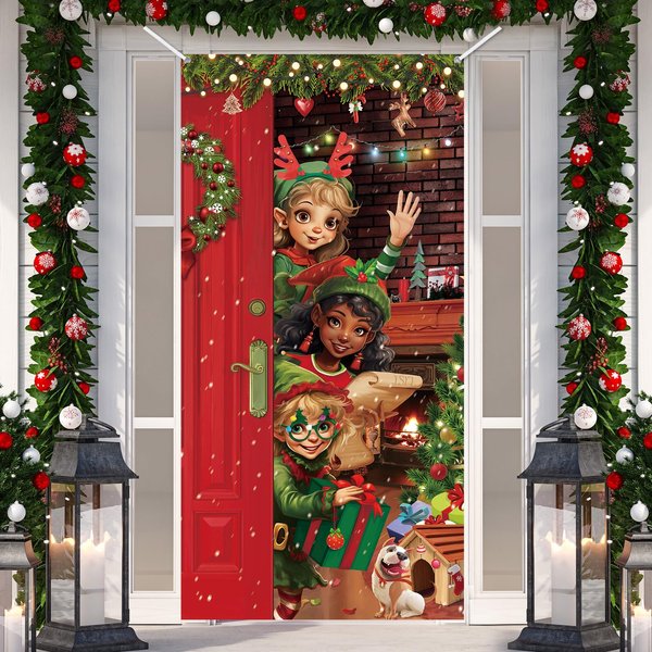 VitalCozy Elf Christmas Door Cover Funny Merry Christmas Door Cover Decorations Santa Elves Xmas Party Hanging Banner Backdrop for Front Door Christmas Holiday New Year Supply Decoration 71 x 35 in