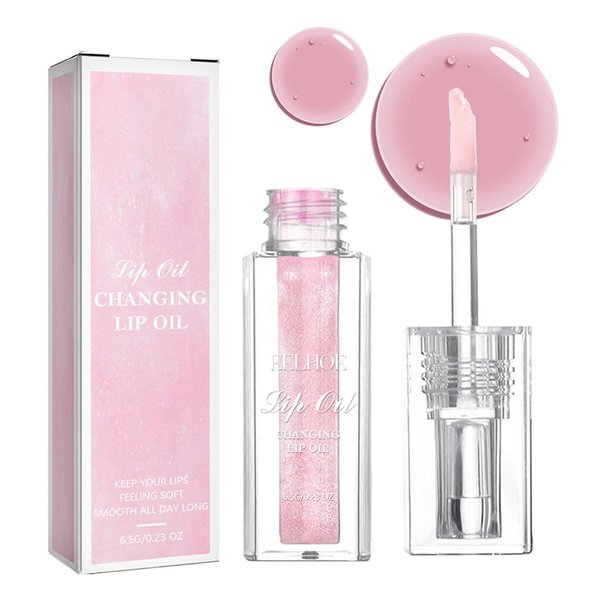 Magic Color Changing Lip Oil, Warm Change Lip Gloss, Nourishing Lip Glow Oil Upgraded Big Brush Head Moisturizing Lip Oil Long Lasting & Non-Sticky Primer Lip Tint (Pink)