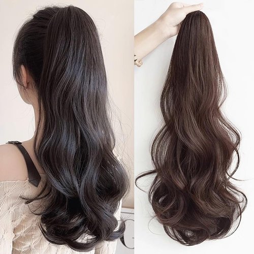 Anbuwei Claw Clip Ponytail Extension Curly Wavy Clip in Hair Pieces 18 Inch Long Fake Pony Tails Hair Extensions for Women (Dark Brown)