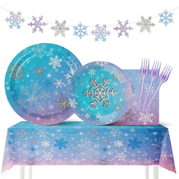 98PC Christmas Winter Snowflake Party Tableware Set Includes Snowflake Plates Napkins Forks Banner Tablecloths Blue Purple Disposable New Year'S Birthday And Christmas Party Decorations,Serve 24