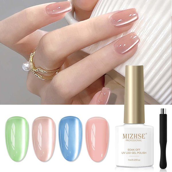 MIZHSE Moonlight Cat Eye Gel Nail Polish, Magnetic Gel Polish Set with Sheer Pink Nail Gel and 1 Magnet Stick, Glossy Effect Nail Gel Green Blue Pink Soak Off UV/LED Nail Art Salon Manicure Home Gift