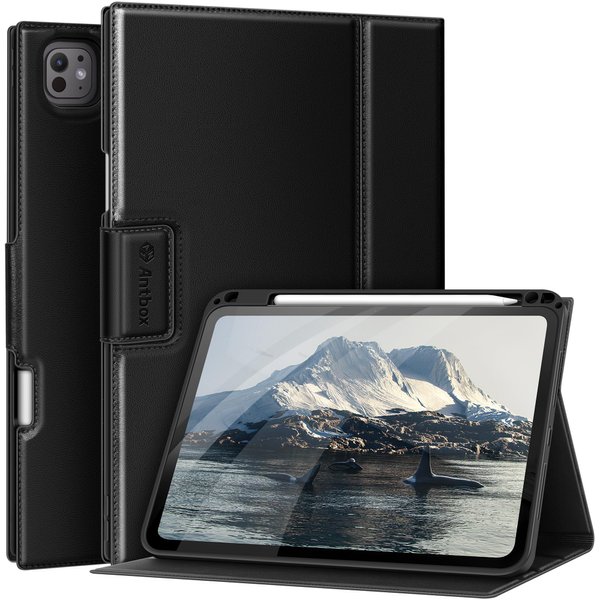 Antbox for iPad Pro 11 Inch Case 2024 M4, Premium Vegan Leather, Supports Pencil Pro and Pencil (USB-C), Auto Sleep/Wake Function, Built-in Pencil Holder (Black)