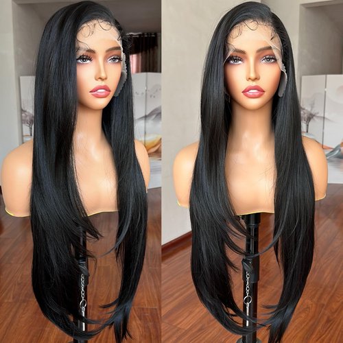 13x6 Lace Front Wigs Black Wig HD Lace Free Part Frontal Wig Natural Density Long Straight Pre Plucked Tiny Knots 30 Inch Synthetic Lace Wig…