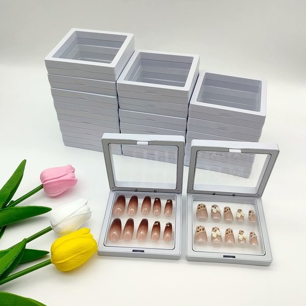 GUXACU Press On Nail Packaging Boxes 3D Floating Press On Nail Storage Box Nail Display Box with 60pcs Double Sided Adhesive Nail Display Tape for Nail Tech