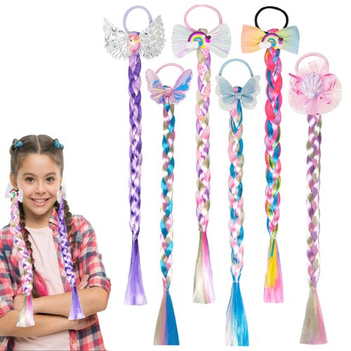 6 Pcs Colored Braids Hair Extensions Ponytails Hair Bows Rainbow Color Braided Hairpieces with Rubber Bands Glitter Braided Wig Hairdress Cosplay Hair Accessories for Girls Women Birthday Party Gifts