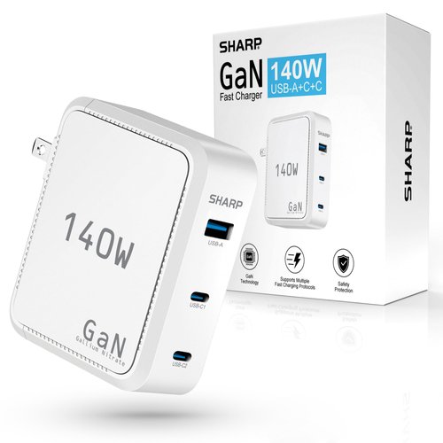 Sharp 140W USB C Charger, Compact Foldable GaN Fast Charge 3-Port (2 USB-C, 1 USB-A), Compact Foldable Wall Charger for MacBook Pro/Air, iPad Pro, iPhone 15/Pro, Galaxy S22/S21, Dell XPS, White