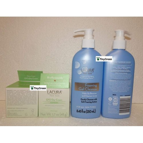 Lacura Anti-Wrinkle Face Q10 Day Cream 1.7oz and Face Care Foaming Gel Cleanser 8.45fl oz (Pack of Two)