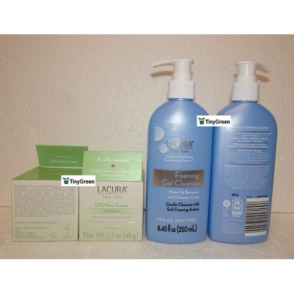 Lacura Anti-Wrinkle Face Q10 Day Cream 1.7oz and Face Care Foaming Gel Cleanser 8.45fl oz (Pack of Two)