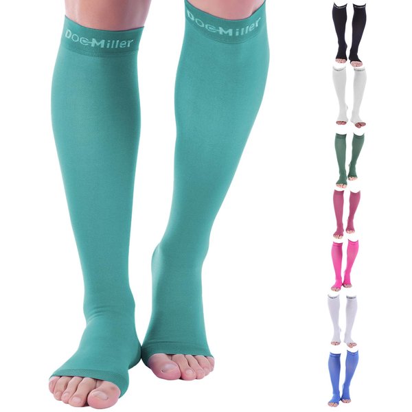Doc Miller Open Toe Compression Socks, 20-30 mmHg, Toeless, Support Circulation, Shin Splints, Calf Recovery, Post Op, Knee High, Medical Grade, Teal Socks, Medium Size for Men & Women, Pair
