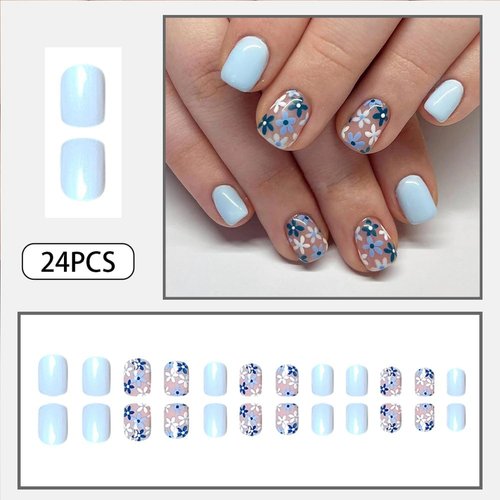 Press On Nails Short, Acrylic Nails Press on, Short Square Press on Nails Fake Nails Glossy Blue False Nails with Flowers Press ons Designs Artificial Nails Stick on Nails for Women 24Pcs