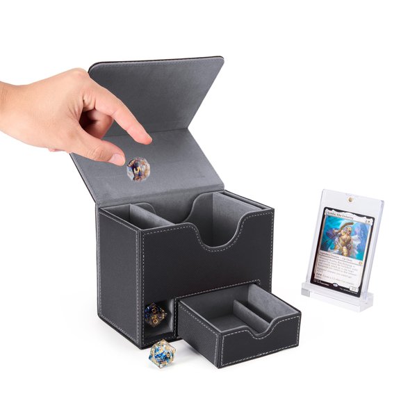 Venssu Card Deck Box for MTG Commander, Mtg Deck Box for Commander Display,Fits 100 Double-Sleeved Cards, 35pt Card Brick, Dice Tray and Dice Tower (Black and Grey)