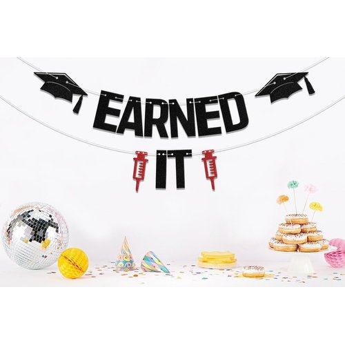 KEWUFD EARNED IT Banner, 2024 Nursing School Graduation Decorations, Congrat RN Party Decorations For Medical School College Graduation Party Decorations Supplies Black Red Glitter