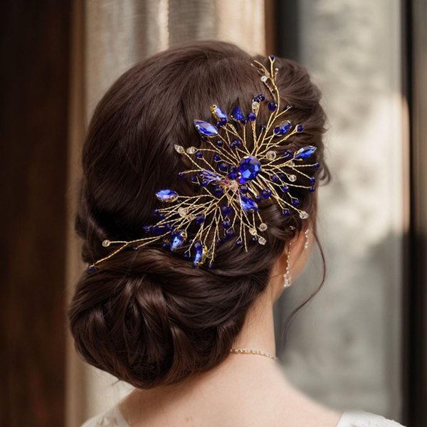 Asphinien Handmade Vintage Crystal Wedding Hair Combs Bride Bridesmaid Ruby Sapphire Emerald Crystal Headband with Comb for Wedding Bridal Side Combs for Women (Blue)